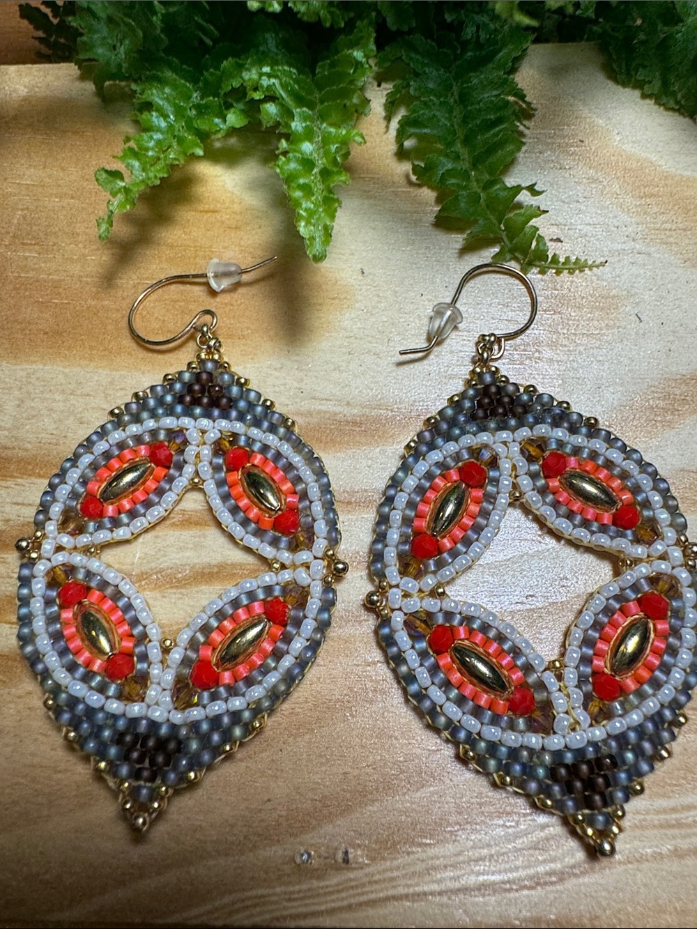 Sundance Red, Gold and Gray Beaded Drop Earrings